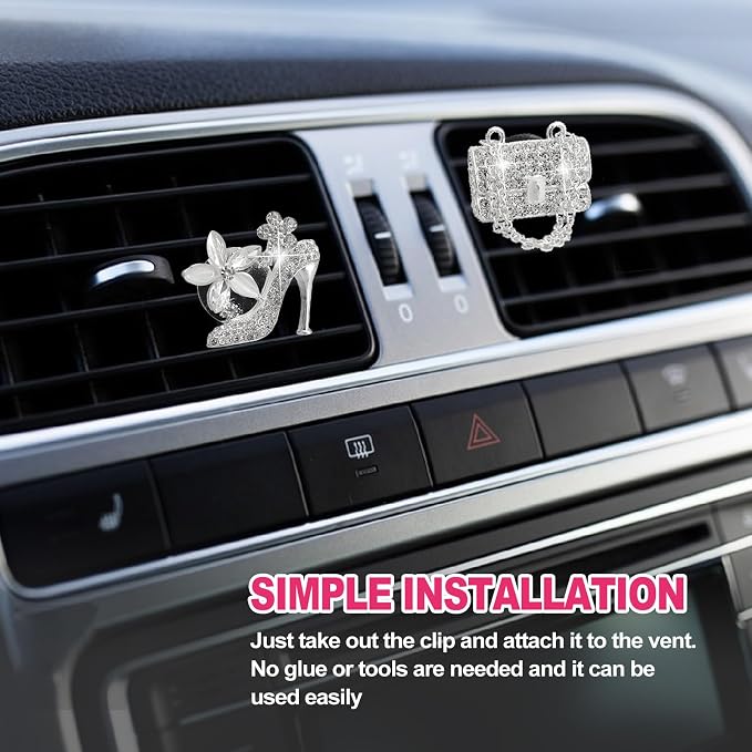 2 Pieces Car Bling Crystal High Heel Shoe Air Vent Clips with Magic Bag Rhinestone Car Air Vent Decoration Cute Universal Interior Accessories Silver