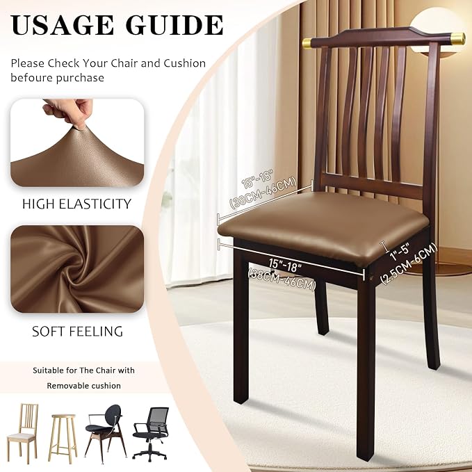 Pu Leather Dining Chair Seat Covers Set of 6, Waterproof Dining Seat Covers Stretch Chair Covers for Dining Chairs/Kitchen Room/Hotel, Odorless Seat Covers for Kitchen Chairs (Light Brown- 2 PCS)