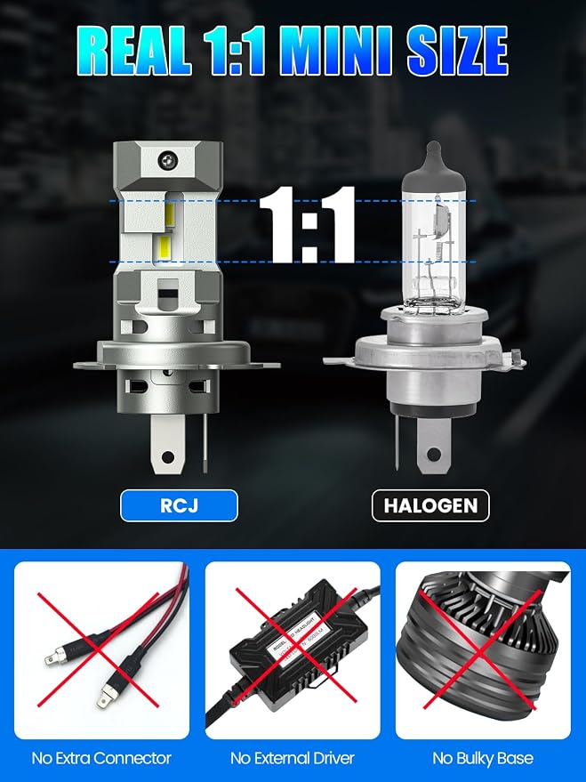 RCJ H4/9003/HB2 Bulbs, 16000LM 600% Brightness 6000K Cool White H4 9003 Fog Light Bulbs, Real 1:1 Mini Size with Cooling Fan, Plug and Play, Pack of 2