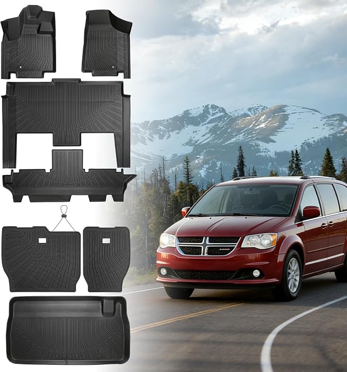 Floor Mats for Chrysler Town & Country 2008-2016(ONLY Stow'n Go) | for Dodge Grand Caravan 2008-2015 2016 -2018 2019-2021,TPE Custom Floor Liners & Seatback Mat & Cargo Liner