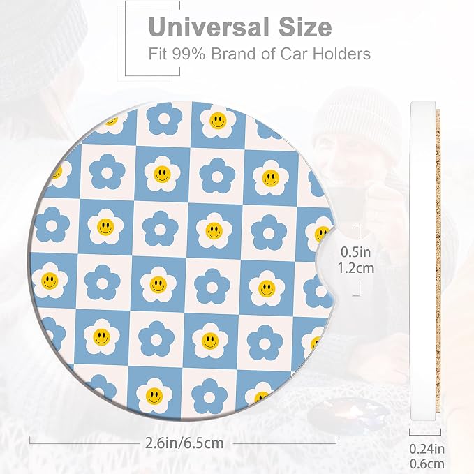 Retro Checkered Groovy Car Cup Coaster 2 Pack,70s Smiling Daisy Absorbent Ceramic Coaster for Women Men,Drink Car Cup Holders Interior Assecories,Universal 2.56" with Finger Notch & Cork Base