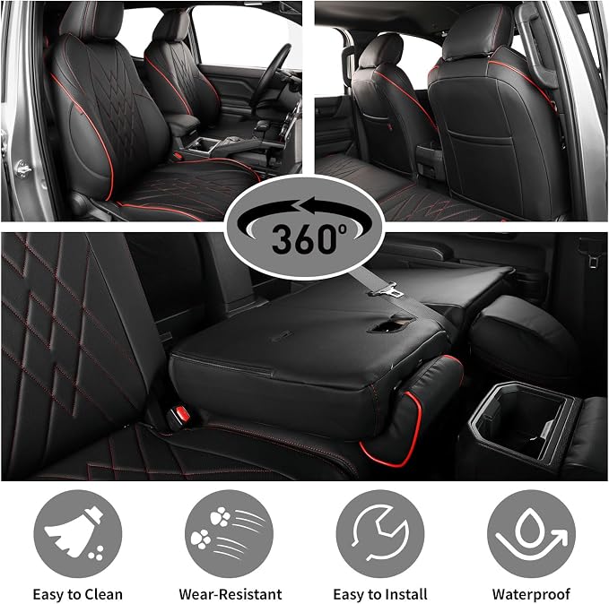EKR Tacoma Car Seat Covers Custom Fit for Toyota Tacoma (Petrol) 2024 2025 2026 DoubleCab/CrewCab SR/SR5/TRD Sport/TRD Off-Road/Limited -Truck Seat Covers Full Set,Faux Leather(Black with Red Trim)