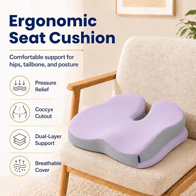 Seat Cushions for Office Chairs Wheelchair Cushion for Long Sitting Back Pain，Memory Foam Seat Car Computer Desk Chair Cushion，Coccyx Cushion for Tailbone Pain Relief Office Chair Butt Pillow Purple | Suitable for prolonged sitting, relieves tailbone p...