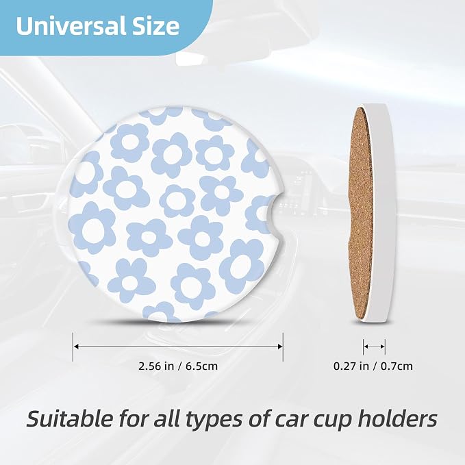 2 Pack Car Coasters for Cup Holders, 2.56" Universal Absorbent Ceramic Stone Car Cup Holder Coasters with Non-Slip Cork Base, Car Interior Accessories for Women Men(Blue Retro Floral)