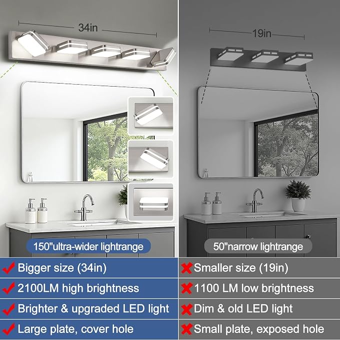 Torondo 360° Rotate LED Bathroom Vanity Light Fixtures, Acrylic Vanity Lights for Bathroom, Modern Wall Lighting Fixtures Over Mirror Living, Brushed Nickel, Natural White, 5-Light, 34-Inch