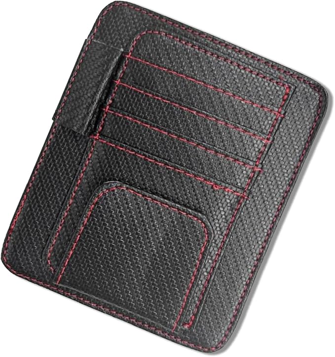 Car Sun Visor Organizer, Multifunctional Auto Visor Document Holder with Sunglasses Clip, Universal Car Interior Accessories Organizer for Drving License, Card, Pen (Carbon Fiber Black&Red)