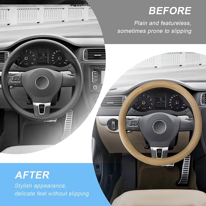 15 Inch Leather Steering Wheel Cover, Breathable Anti-Slip Steering Wheel Protector Cover, Elastic Soft Comfortable Universal Wheel Cover for Men and Women, Car Accessories (Beige)