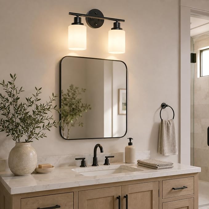 Unicozin 2 Light Bathroom Light Fixtures, Modern Vanity Lights with Milky Glass Shade, Black Wall Lamp Over Mirror for Bathroom, Living Room, Cabinet, Bedroom, E26 Base