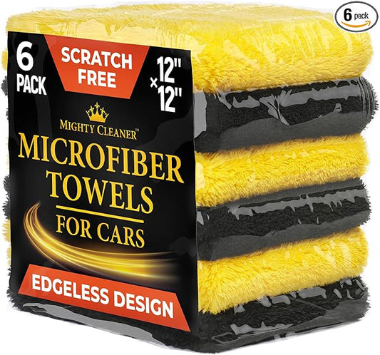 Super Soft Microfiber Towels for Cars - Edgeless - 6pk (12”x12”) - Premium Scratch-Free Towel - Great for Drying, Detailing, Polishing, Buffing - Ultra Absorbent Microfiber Cleaning Cloths for Car
