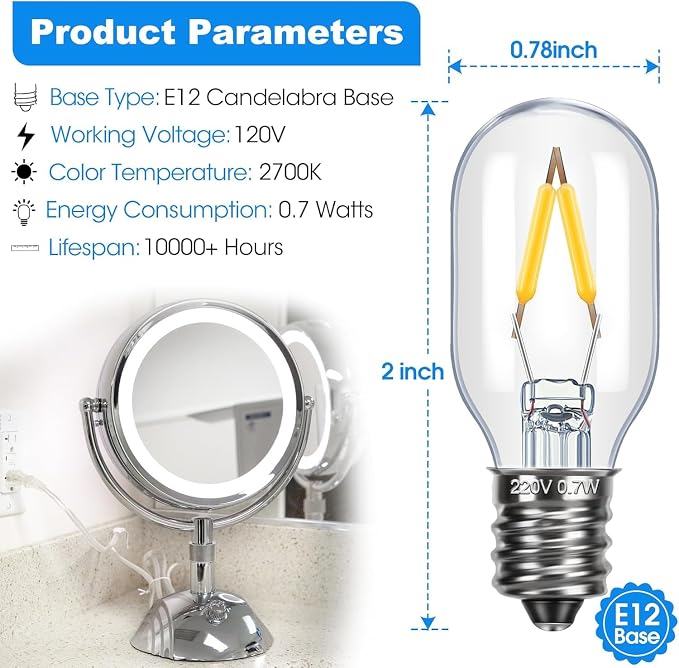 Glooglitter Makeup Mirror Replacement LED Bulbs, E12 Base Type T Bulb T20, 0.7W 120V Light Bulbs Compatible with BE66 /BE67 Series and BE18LC /BE18XN /BE18LCX /BE104X Series(2 Pack,Clear)
