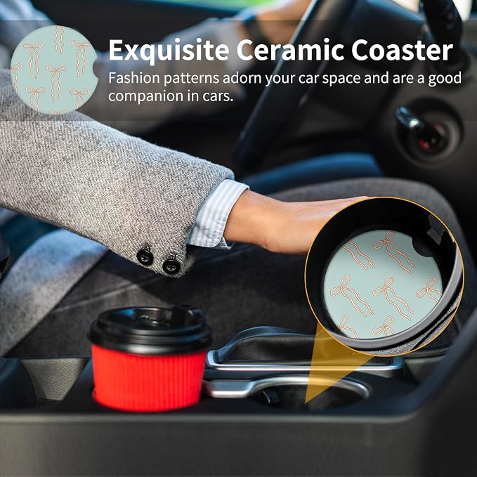 Cute Bowknot Car Coasters,Absorbent 2 Pack for Cup Holders with Finger Notch,2.56 inches Ceramics Heat Resistant Anti Slip Cork Base Car Drinks Coasters Auto Cup Holder