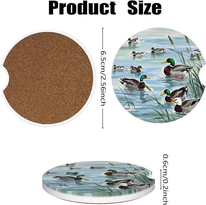 Ceramic Car Cup Coasters 2PCS - Retro Duck | with Cork Back & Finger Slot, Anti-Slip Shock Absorbing, Universal Car Interior Accessories for Men Women