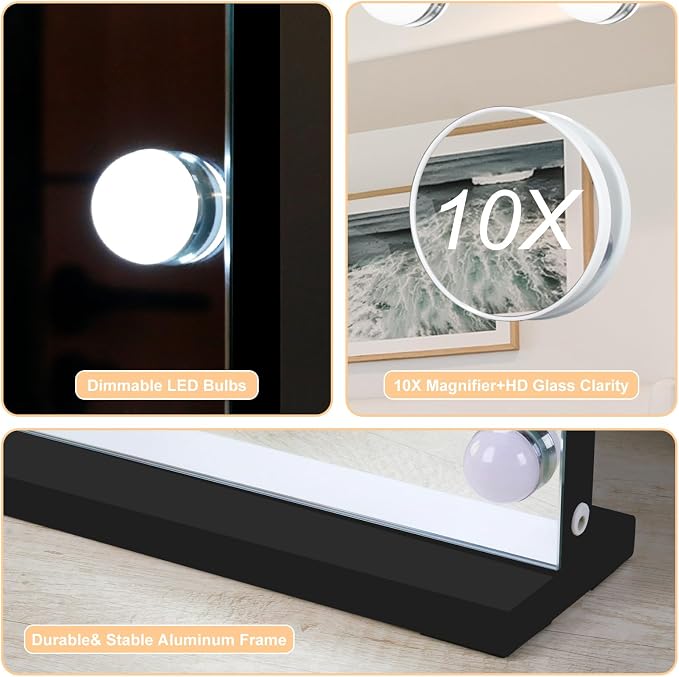 Moonee Vanity Mirror with Lights, Black Hollywood Lighted Makeup Mirror with 18 Dimmable Bulbs and 10X Magnification, 3 Colors Modes, Aluminum Metal Frame, Light Up Mirror for Tabletop/Wall（32" x 24"）