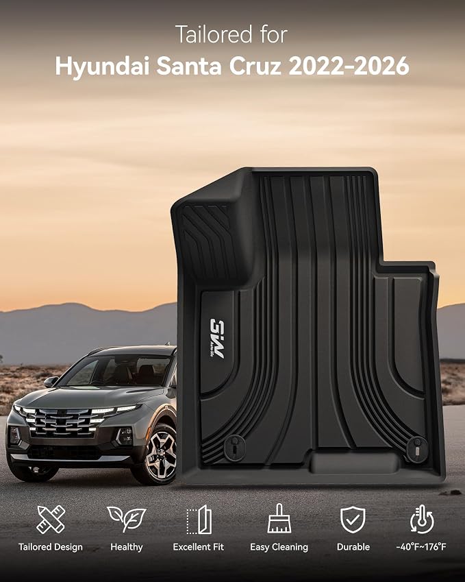 3W Floor Mats Custom for Hyundai Santa Cruz Pickup 2022-2026 All Weather Protection TPE Heavy Duty Non-Slip Automotive Floor Liners Fits 1st & 2nd Row Full Set Accessories, Black