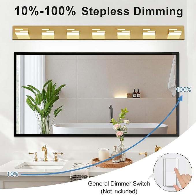 LED Modern Bathroom Vanity Light Fixtures, Dimmable Gold Vanity Lights for Bathroom Lighting Fixtures Over Mirror, with 360° Rotatable Heads 7-Light 48-inch (Cool White 6000K)