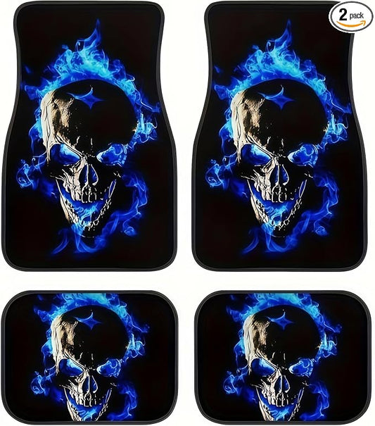 Universal Fit Car Floor Mats Set of 4Pcs, Blue Skull Print All-Weather Front Rear Car Carpet Mats, Non-Slip Car Floor Mat Car Accessories for Automotive Trucks SUV Sedans Vans