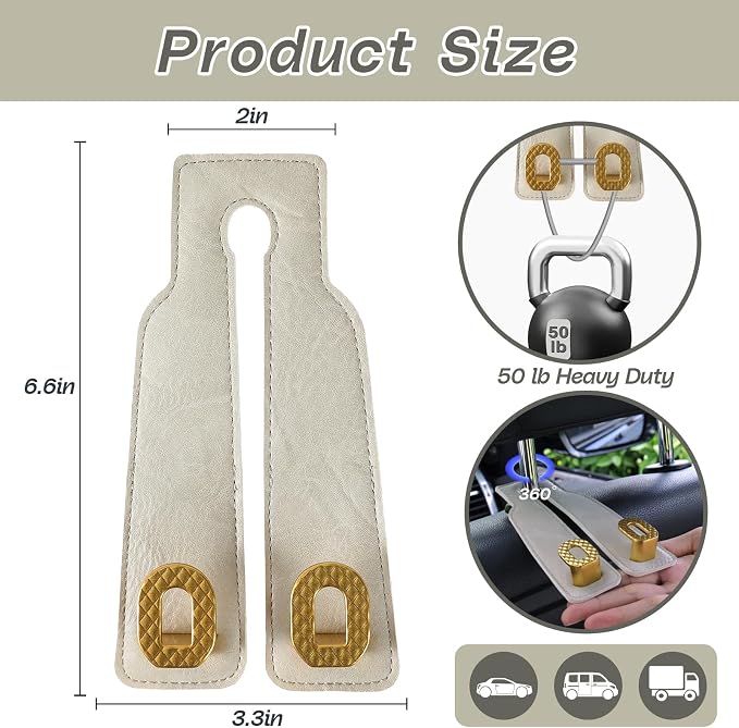 Car Headrest Hooks Universal Car Purse Hook Premium Leather and Alloy Twin Hook Car Seat Back Storage Hanger Hook for Purse Bags Cloth Drink Durable Holder Car Accessories (BH09-White-Gold)