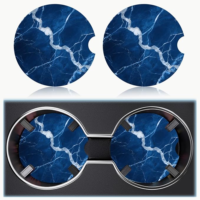 Car Cup Holder Coaster Set of 2, 2.56 in Ceramic Coasters, Scratch-Resistant Cork Backing, Finger Groove Design for Easy Placement, Cute Car Accessories Interior for Women (Dark Blue Marble)