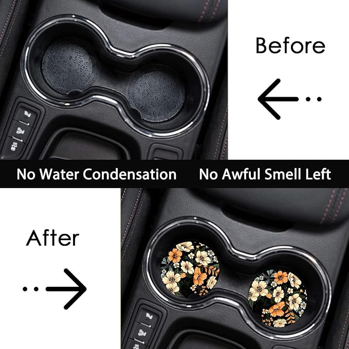 2 Pack Flowers Car Cup Holder Coasters Universal Neoprene Coasters | 2.75" Universal Size Anti Slip Rubber Mat, Auto Cup Holder Decor Accessories for SUV Truck, Flower Gifts for Women Men Mom