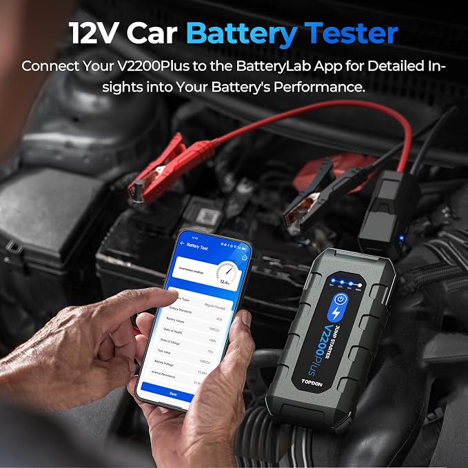 Car Battery Jump Starter and Battery Tester TOPDON 2-in-1 2200A Peak Jump Starter for Up to 8L Gas/6L Diesel Engines 12V Portable Booster and Tester