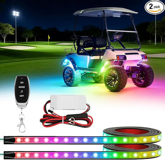 CLUBRALLY Golf Cart Underglow LED Light Strip Kit, 28 Modes Neon Underbody Glow, 12-85V, Music Sync, Wireless Remote, IP67 Waterproof Flexible Tubes, Fits EZGO, Club Car, Yamaha, 2 Pack