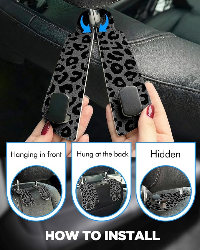 WOCOCN Purse Holder for Car, 2 Pack Heavy Duty Purse Hanger for Car, PU Leather Car Seat Hooks for Purses and Bags, Cute Leopard Print Headrest Organizer for Handbags & Backpacks
