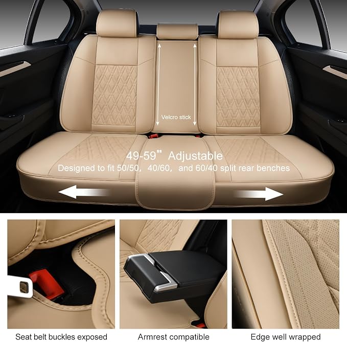 Car Seat Covers Full Set, Breathable Leather Automotive Front and Rear Seat Covers & Headrest, Universal Automotive Vehicle Seat Cover for Most Sedan SUV Pick-up Trucks, Beige