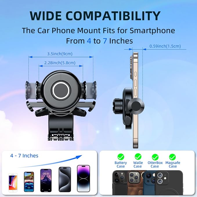 Upgraded Universal 360°Dashboard Phone Mount - Multi-Functional Visor/Rearview Rotating Car Holder for 4-7" Phones, One-Handed Operation Adjustable Clamp Holder (Black)