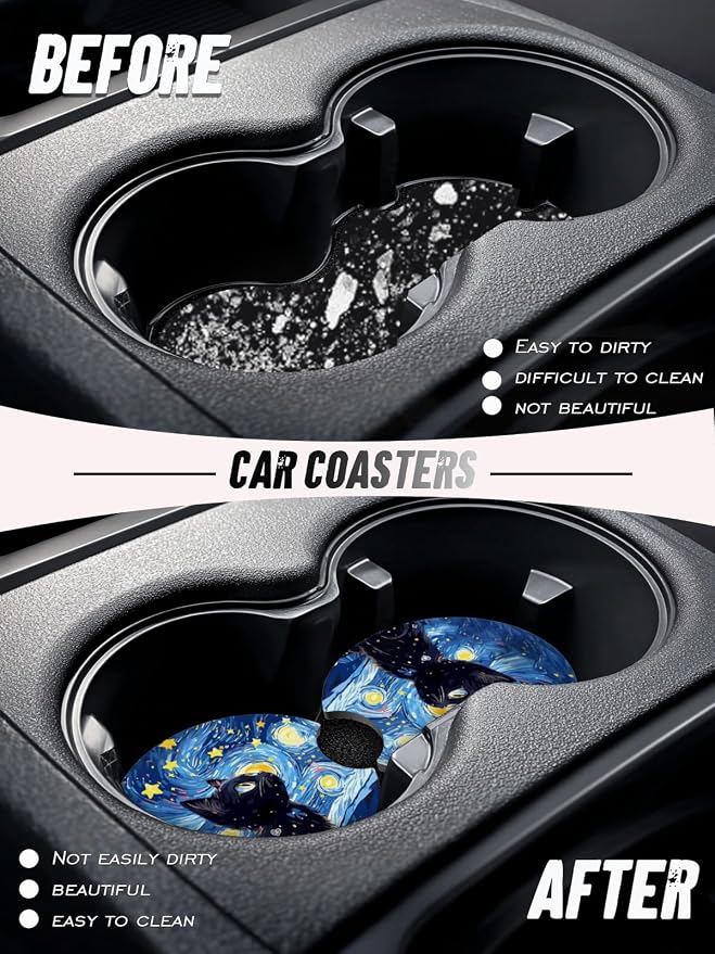 Car Cup Coasters,2 Pack Car Coaster,2.75inch Anti Slip and Absorbent Cars Coasters for Cup Holders,Neopren Accessories for Women,Cute Decor for Women (Starry Cat)