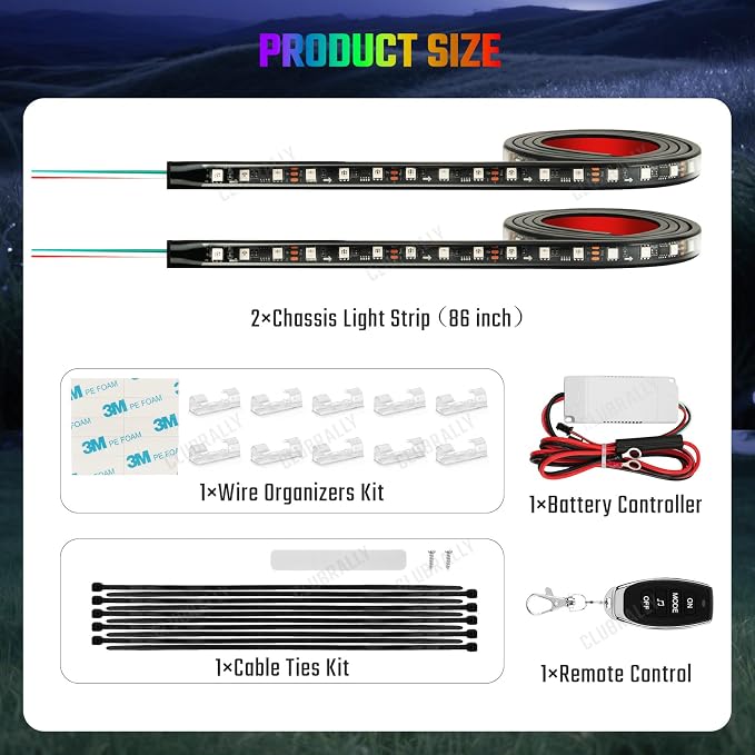 CLUBRALLY Golf Cart Underglow LED Light Strip Kit, 28 Modes Neon Underbody Glow, 12-85V, Music Sync, Wireless Remote, IP67 Waterproof Flexible Tubes, Fits EZGO, Club Car, Yamaha, 2 Pack