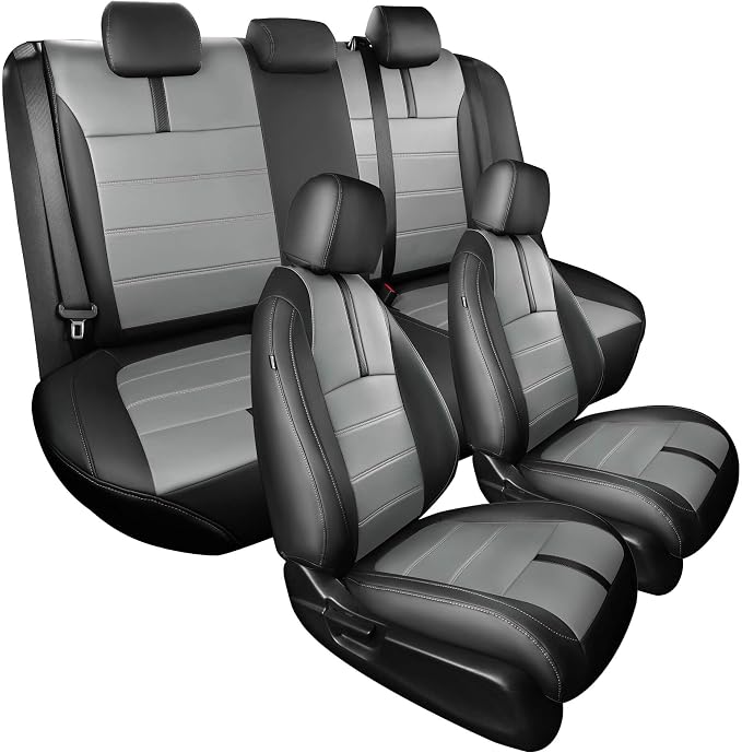 Seat Covers for Honda Civic Sedan LX 2016 2017 2018 2019 2020 2021, Faux Leather Car Seats Cover Full Set Waterproof, Black Grey (Solid Rear Seatback - No Rear Armrest)