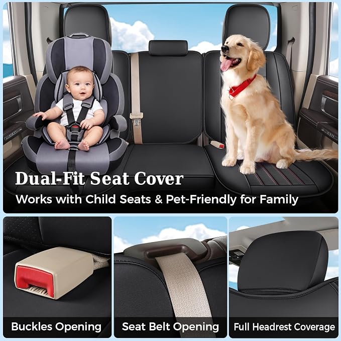 Truckiipa Seat Covers for Dodge Ram 1500 Full Set, Full Coverage Waterproof Leather Protectors Pickup Truck Accessories, Custom Fit for 2002-2026 Ram 1500 2500 3500 Crew Mega Cab, Red