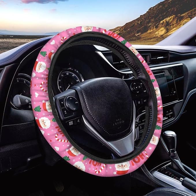 AFPANQZ Steering Wheel Cover for Women Sweat Absorbing Non-Slip Protection | Santa Claus Pink Print, Universal Fit Most Car Sedans SUVs, Comfort Grip Breathable Steering Wheel Protector