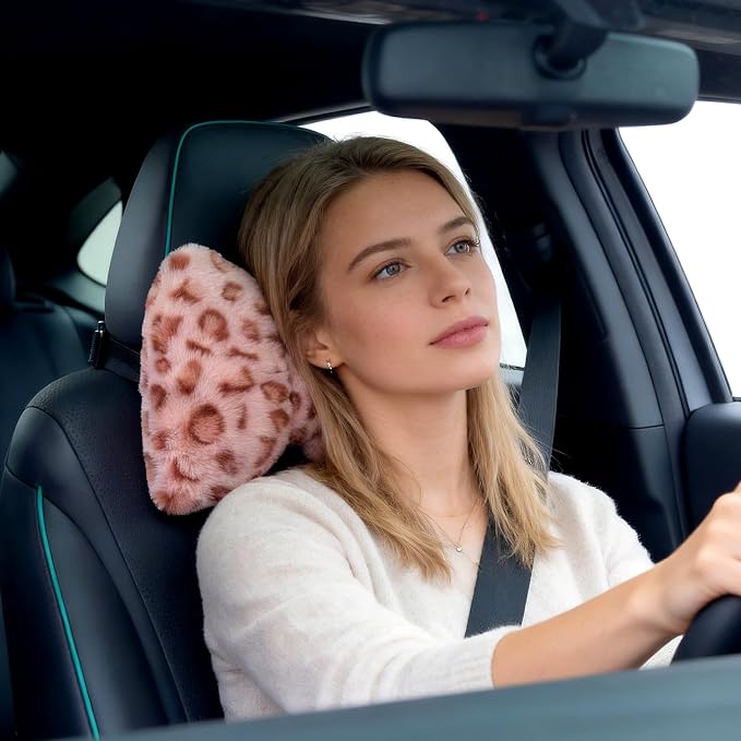 Macarrie 2 Pcs Leopard Car Neck Pillow Imitation Rabbit Fur Bow Pillow | Soft Comfortable Seat Headrest Support, Cute Bow Car Accessories, Driving Travel Driver Chair Girl Interior Decor, Pink