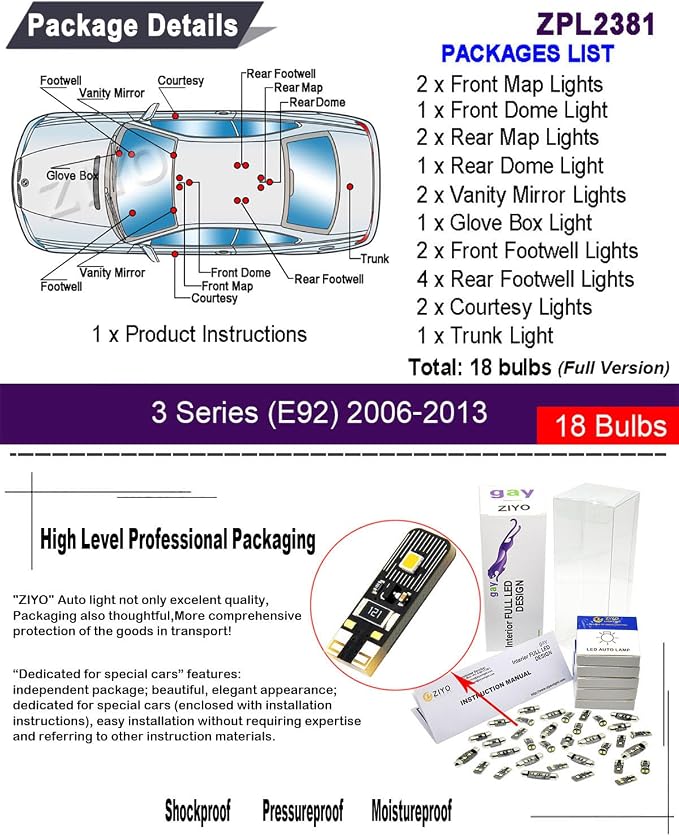 ZIYO LED Interior Light Kit Replacement for BMW E90 E91 E92 E93 3 Series 2005-2013, 6000K Xenon White LED Dome Light Bulbs Upgrade Error Free (BMW E92 Coupe (18 Bulbs))