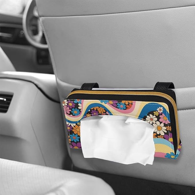 Colorful Hippie Flower PU Leather Car Napkin Holder Car Tissue Holder for Car Leather Backseat Tissue Case Holder for Car,Vehicle