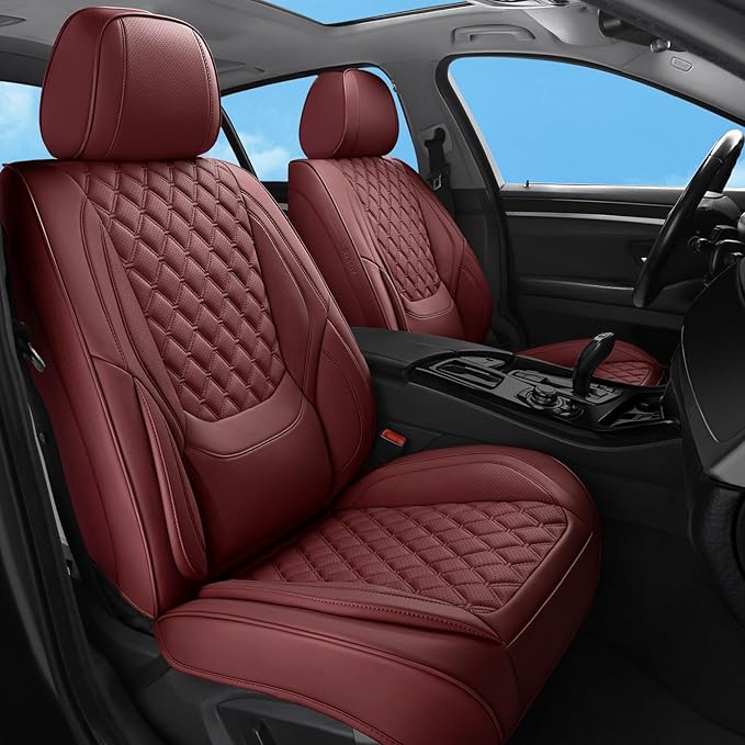 Car Seat Covers Full Set,5 Seat Leather Seat Covers for Cars,Wine Red Front Seats and Back Seat Cover,Waterproof Car Seat Cushion Protectors,Universal Fit for Most Cars SUV Trucks (Burgundy-Full Set)