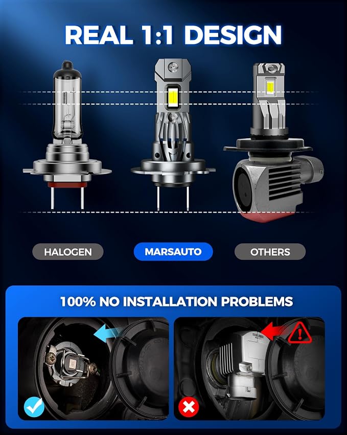 Marsauto M1S H1 H7 LED Bulbs Combo, 80000LM 6000K Cool White Super Bright, 2 Pairs H1+H7 LED Fog Light Replacement, Plug and Play, 60,000+ Hours Lifespan, 4-Pack for ATV Headlights