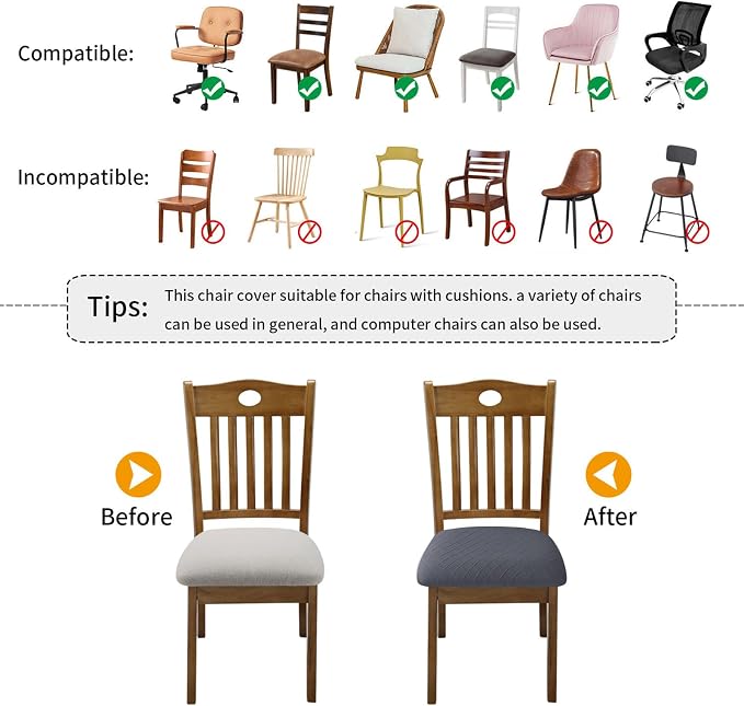 Fuloon Stretch Chair Seat Covers 4 PCS, Removable Washable Dining Chair Covers Anti-Dust Dining Room Seat Cushion Slipcovers (4, Gray)