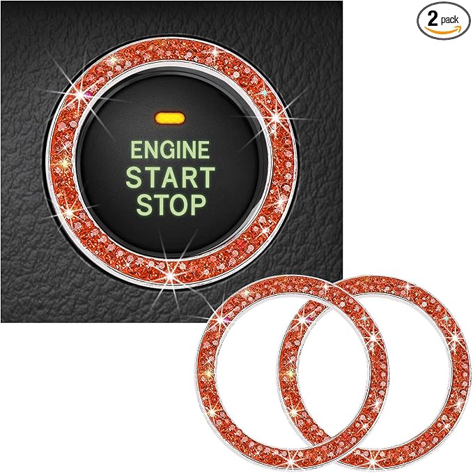 Kewucn 2 PCS Bling Crystal Double Rhinestone Car Engine Start Decoration Ring, Sparkling Push Start Button Sticker, Key Ignition & Knob Ring Decoration, Bling Car Interior Accessory(Orange)