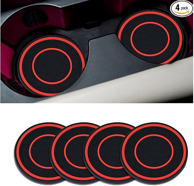 4 Pack Car Coasters for Cup Holder, 2.75 Inch Universal Auto Waterproof Coasters Silicon Insulation Cup Mats,No-Slip Anti Dust Insert Coaster for Woman Man, Suit for Vehicle Interior (Black/Red)