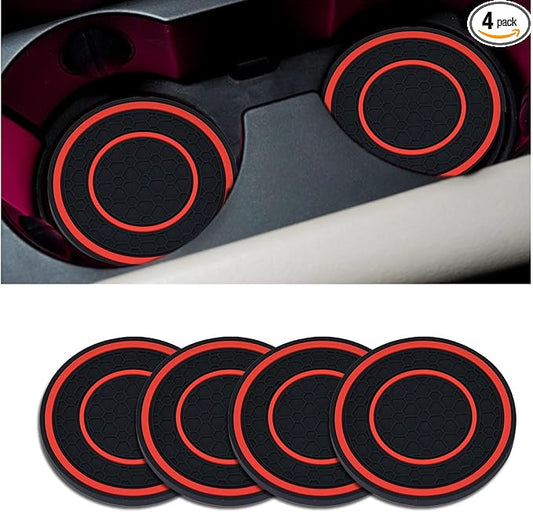 4 Pack Car Coasters for Cup Holder, 2.75 Inch Universal Auto Waterproof Coasters Silicon Insulation Cup Mats,No-Slip Anti Dust Insert Coaster for Woman Man, Suit for Vehicle Interior (Black/Red)