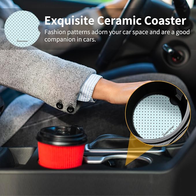Cute Fashion Polka Dot Car Coasters 2 Pack for Cup Holders, 2.56 Inch Finger Notch Retro 70's Style Ceramics Heat Resistant Anti Slip Cork Base Car Drinks Coasters Auto Accessories-Blue