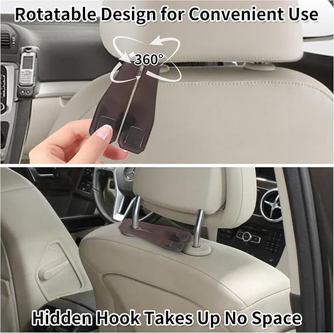 Leather Headrest Hooks for Car, 2 Pack Premium Car Seat Back Storage Hooks with Double Metal Hangers for Purses, Handbags, Groceries and Backpacks, Universal Heavy Duty Car Purse Holder Accessories