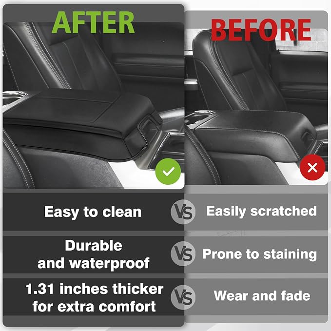 Muslogy Center Console Armrest Cover Fit for Ford F150 2015-2020 & F250 F350 F450 2017-2022 & Expedition 2018-2024 Accessories, Armrest Pad Console Lid Cushion Vegan Leather 1-Inch Thick(Bucket Seat)