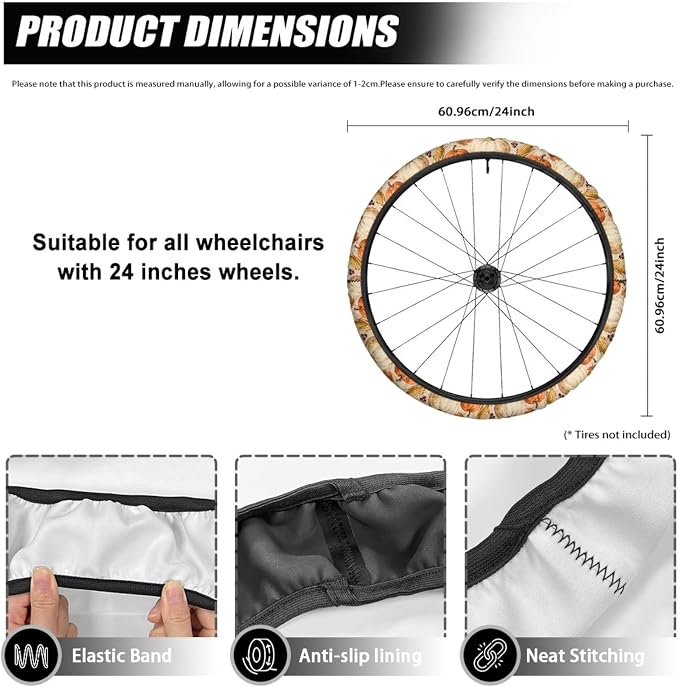 Wheelchair Tire Covers Turkey Pumpkin Maple, Thanksgiving Day | Protective Cover for Wheels 24 Inch Wheelchair Tire Cover to Protect Floors Carpets for Indoor Use Tires