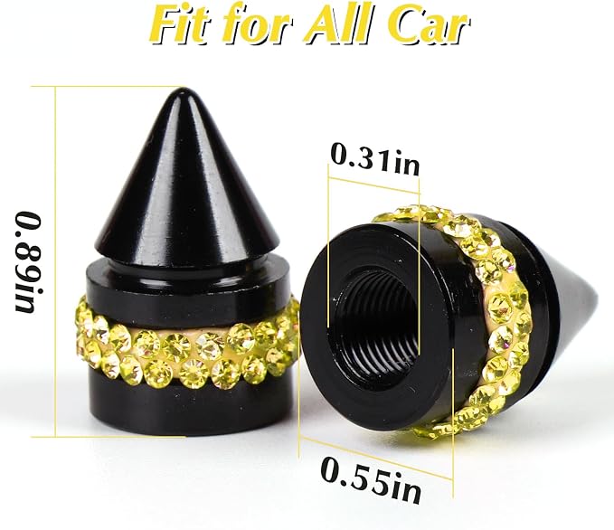 ToBeQueen Bling Yellow Tire Valve Caps, Handmade Crystal Rhinestone Dimand Tire Caps, 4 Pack Aluminum Alloy Universal Valve Stem Caps Bling Car Accessories for Women(Yellow)