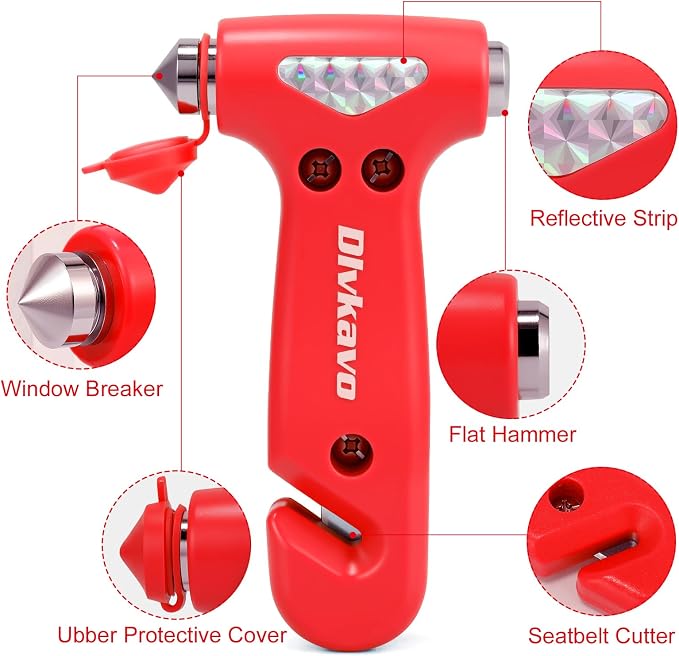 Window Breaker, 3-in-1 Emergency Escape Tool with Car Safety Hammer and Seat Belt Cutter, Safety Emergency Car Escape Tool, Road Trip Essential Gift for Family (Red)