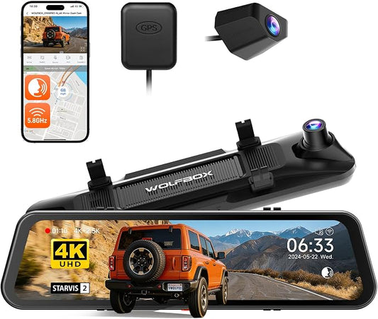 WOLFBOX G900 PRO-N Mirror Dash Cam with 8MP STARVIS 2 IMX678, 12" 4K Front and 2.5K Rear View Mirror Camera, 5.8GHz WiFi, Voice Control, Smart Night Vision, Loop Recording (SD Card Not Included)