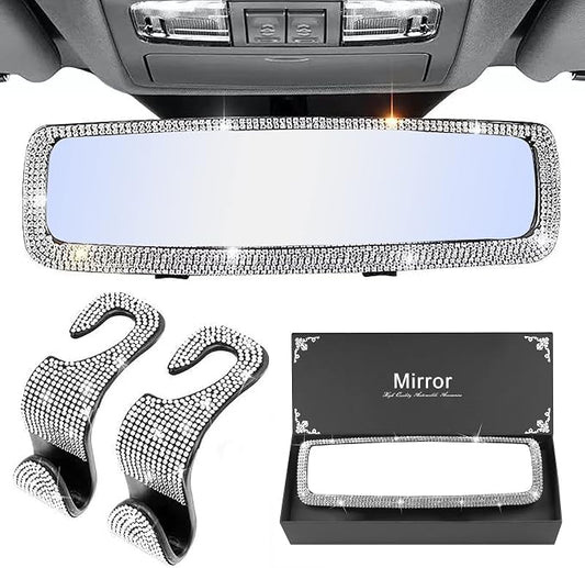Bling Rear View Mirror Car Accessories, Sparkling Diamond Rear View Mirror Cover with 2 PCS Universal Car Hooks, Cute Car Bling Accessories for Women